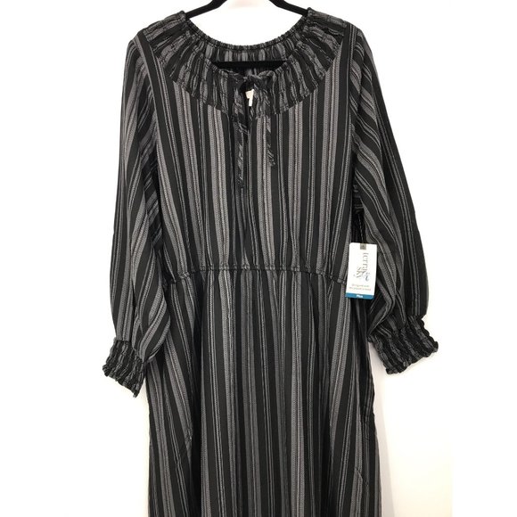Terra & Sky Peasant Tiered Boho Maxi Dress Black Ikat Striped 2X NEW - Picture 4 of 7